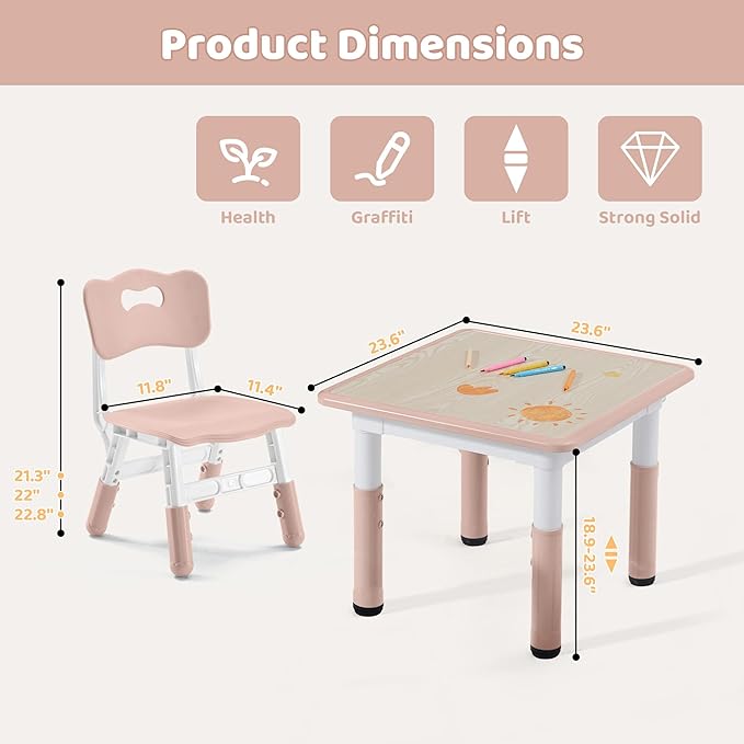 Kids Table & Chairs Set (2 Chairs) Height Adjustable for Ages 2-8 | Non-Slip Toddler Activity Table with Wipe-Clean Desktop, Montessori Learning & Art Drawing Tables for Home Preschool