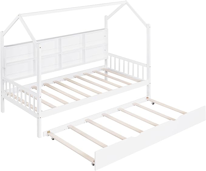 Harper & Bright Designs Twin House Bed with Trundle, Wood Kid Beds with Storage Shelves, Twin Platform Bed for Kids, Teens, Solid Wood Structure & House-Shaped, White