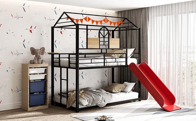 MERITLINE Metal Bunk Bed Twin Over Twin Bunk Bed Frame with Slide,Twin Over House Bed with Guardrails