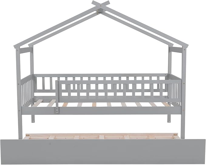 Merax Twin Size Wooden House Bed with Twin Size Trundle, Wood Bed Frame with Roof and Safety Guardrail for Kids, Teens, Boys or Girls, Grey