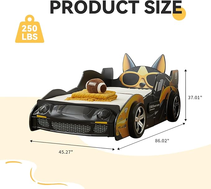 Twin Bed Frames for Kids, Cartoon Dog Race Car Bed Wooden Platform Bed Frame with LED Lights, Twin Size Chidren Bed Frame with Wood Slat Support, Fits Standard Mattres (Black Yellow)