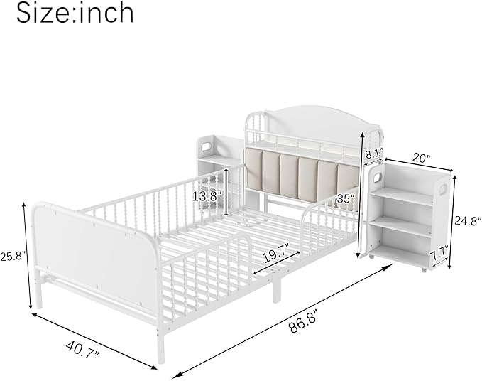Ball & Cast Twin Size Toddler Bed W/LED Light,Metal Bed W/Storage Headboard & 2 3-Tiers Storage Shelves,Platform Bed Frame W/Safety Guardrails & Low Profile Design,for Boys Girls,White