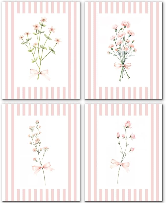 JINYO Coquette Pink Bow Floral Wall Art Prints Set of 4, Floral Room Decor, Preppy Pink and White Striped Flower Posters Pictures Wall Decor for Girls Room Bedroom Dorm Home, 12x16 Unframed