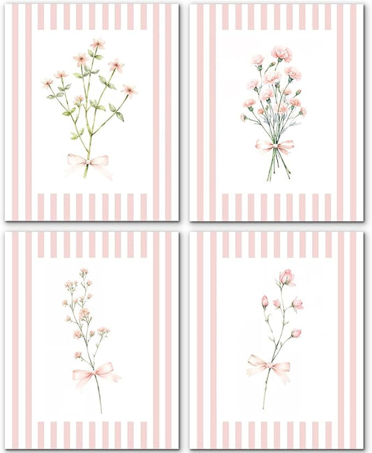 JINYO Coquette Pink Bow Floral Wall Art Prints Set of 4, Floral Room Decor, Preppy Pink and White Striped Flower Posters Pictures Wall Decor for Girls Room Bedroom Dorm Home, 12x16 Unframed