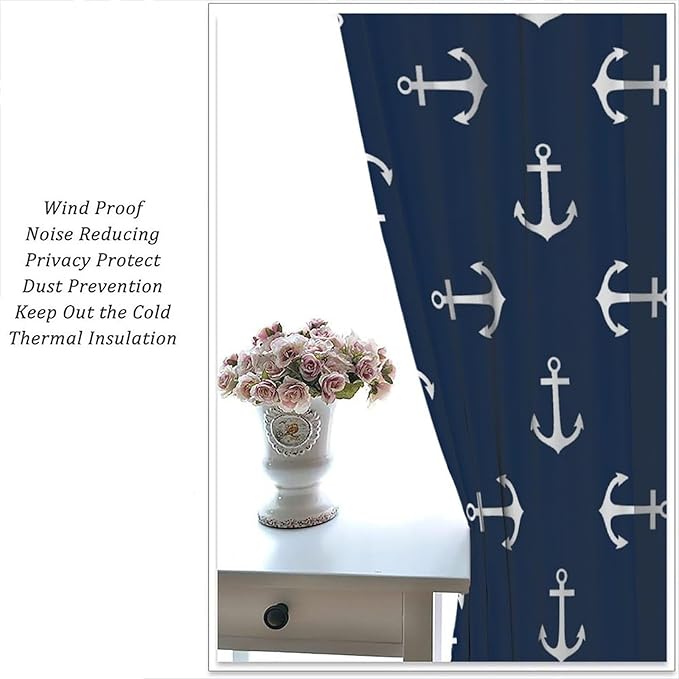 Nautical Curtains,MarineThemed Oceanic Anchor Pattern Blackout Print Home Bedroom Living Room Window Treatments 2 Panel Set 55x63 Inch