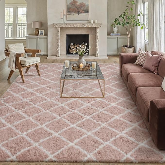8x10 Checkered Rug for Living Room Pink and White Modern Soft Area Rug Fluffy Non-Slip Carpet for Bedroom Playroom Home Aesthetic Decor