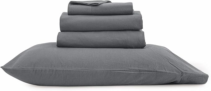 BESTOUCH Sheet Set 100% Washed Cotton Linen Feel Super Soft Comfortable Chic Lightweight 4 Pcs Home Bedding Set Solid Quiet Shade Grey Cal King