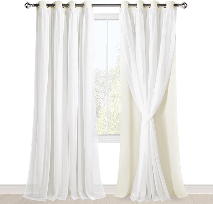Hiasan Mix & Match Ivory Blackout Curtains with Sheer, Thermal Insulated Privacy Double Layer Grommet Window Curtains for Bedroom, Living Room, Nursery, 2 Drape Panels with Tiebacks, 52W X 96L