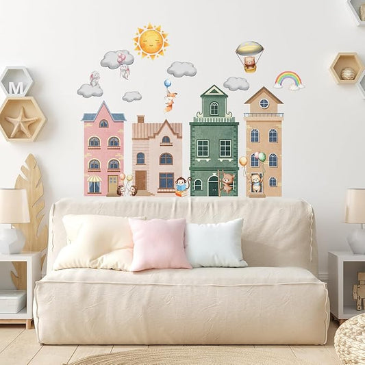 Cartoon City Wall Decals, Whimsical Hot Air Balloons, Houses, Animals, Rainbow, Sun, Clouds Design, Removable Vinyl Stickers for Kids Room, Nursery, Bedroom, Playroom Decor (Colorful-01)