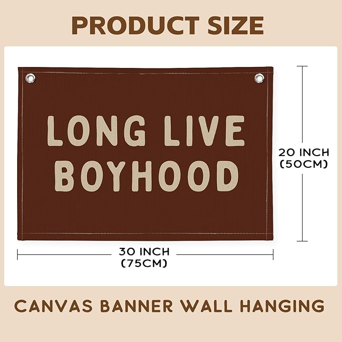 Long Live Boyhood Linen Banner – Boys Room Wall Hanging, Playroom & Nursery Decor, Toddler Room Flag, Aesthetic Boys Bedroom Sign – Chocolate Brown