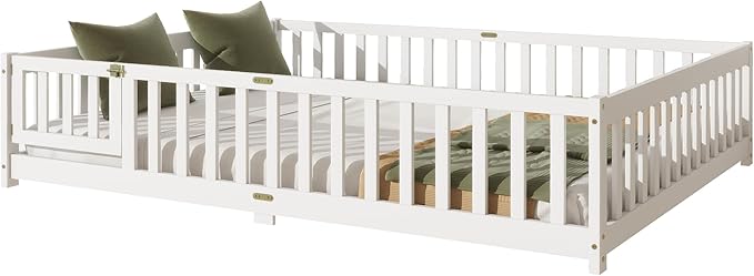 Queen Size Floor Bed for Kids, Wood Montessori Floor Beds with Fence Railings, Door & Slats Support, Queen Playhouse Bed Frame for Boys Girls, No Box Spring Needed, White
