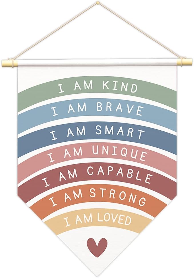 Positive Affirmations Wall Art for Kids,I Am Enough,Rainbow Inspirational Classroom Decor, I Am Kind Smart Brave Loved Nursery Banner, Bedroom Hanging Sign,Nursery Motivational School Wall Decor-B10