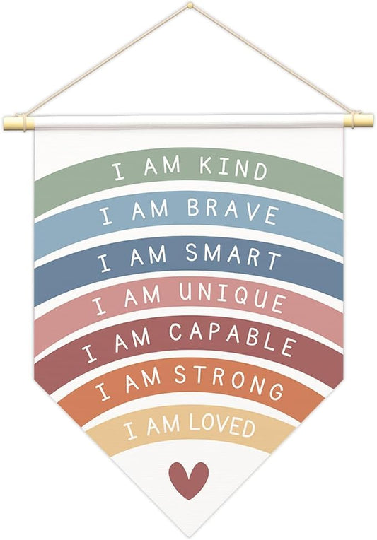 Positive Affirmations Wall Art for Kids,I Am Enough,Rainbow Inspirational Classroom Decor, I Am Kind Smart Brave Loved Nursery Banner, Bedroom Hanging Sign,Nursery Motivational School Wall Decor-B10
