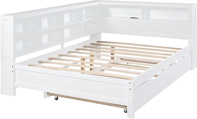 Harper & Bright Designs Full Size Daybed with Trundle and Charging Station, Wooden Full Storage Bed Frame with L-Shaped Bookcases, Full Platform Bed with Shelves for Kids Girls Boys, White