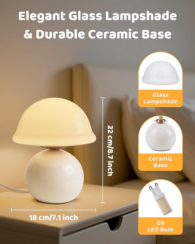 Mushroom Lamp for Bedroom, Cute Small Bedside Table Lamp with Glass Lampshade, Dimmable Nightstand Lamp Mid Century Modern Lamp for Home Living Room Decor (White)