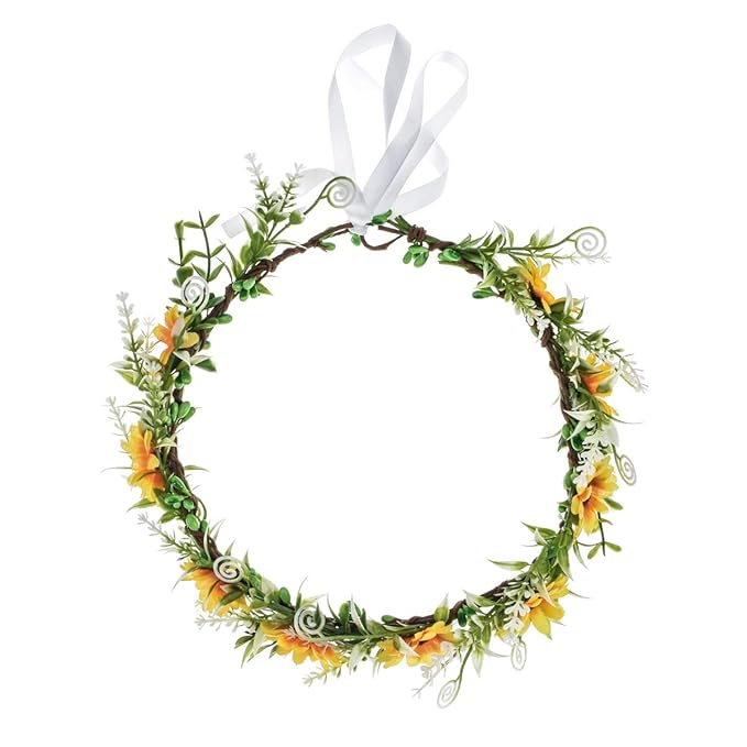 DDazzling Green Leaf Floral Crown Eucalyptus Flower Women Girls Headband Flower Headpiece Bridal Halo Photo Prop (Sunflower Yellow)