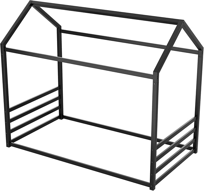 Harper & Bright Designs Twin Size Floor Bed Frame for Kids, House Bed with Roof and Guardrail, Metal Montessroi Floor Bed for Boys Girls, Easy Assemble, No Slats,Black