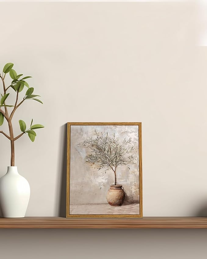 ARPEOTCY Vintage Framed Botanical Wall Art, Bedroom Bathroom Rustic Farmhouse Art Decor, Olive Tree in Vessel Canvas Print Retro Paintings, Home Neutral Antique Decor, 8x10 Inch