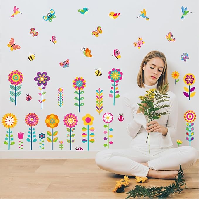 124 Pcs Spring Garden Wall Decals – 16 Sheets Waterproof Vinyl Flower Stickers for Baseboard Skirting Board, Peel and Stick Floral Decals with Butterflies Bees Birds for Nursery Kids Room Classroom