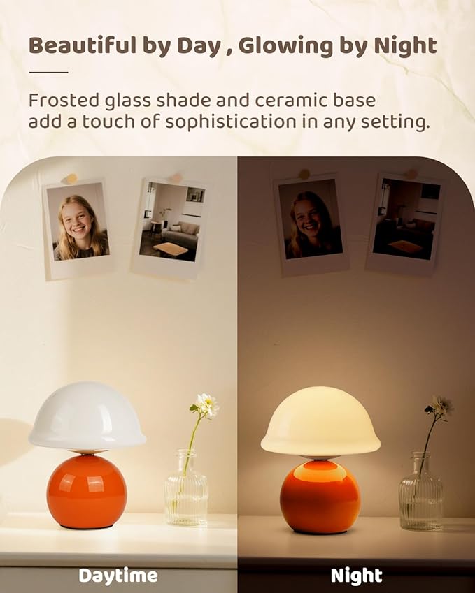 Mushroom Lamp for Bedroom, Cute Small Bedside Table Lamp with Glass Lampshade, Dimmable Nightstand Lamp Mid Century Modern Lamp for Home Living Room Decor (Orange)
