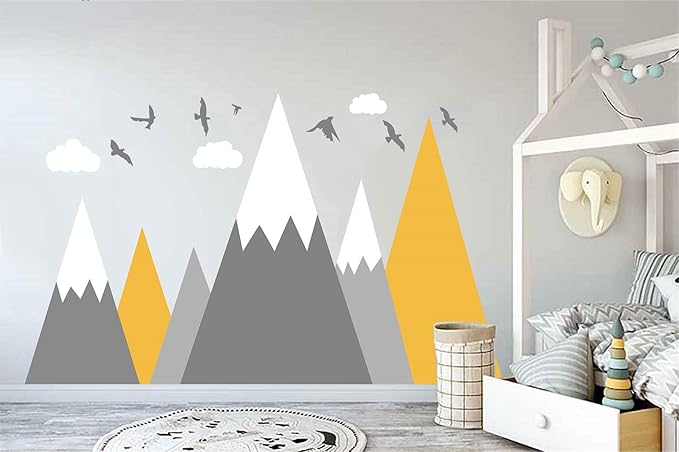 Mountain Wall Decal Baby Room Nursery Adventure Theme Cloud Birds Vinyl Wall Stickers BA972 (Color 1-Yellow, 71X43.inches)