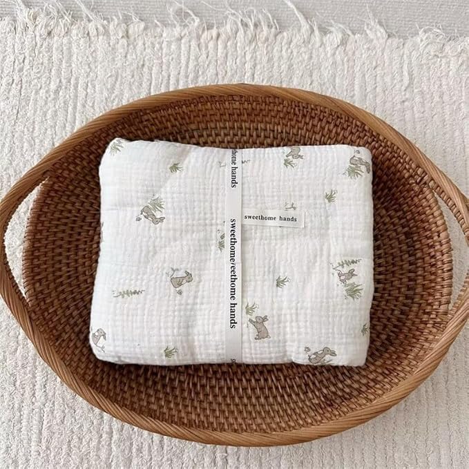 BuLuTu Gray Rabbit Pattern Cotton Muslin Toddler Blanket Large Crib Quilt Soft Breathable Toddler Bed Blankets Baby Boys Girls Swaddle Blankets, All Seasons, 47"x51"