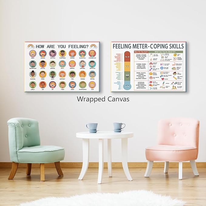 perasi Set of 2 Feeling Chart Poster Canvas, Emotions Coping Skills Wall Art for Kids, Calm Down Corner Mental Health Art Print, School Counselor Psychologist Feeling Chart 24x36in Unframed