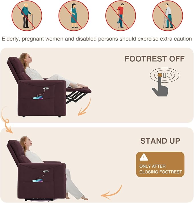 Adjustable Power Recliner Chair, Comfy PU Leather Electric Recliner Chair, Power Recliners with USB Port, Eco-Certified Small Recliners for Small Spaces Sofa Reclinable, Dark Purple