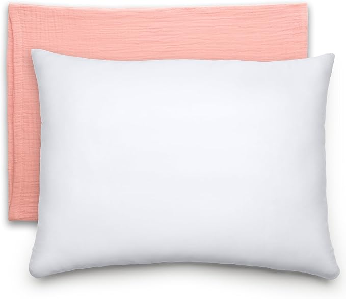 Comfy Cubs Toddler Pillow with Muslin Pillowcase, 13 x 18 in - Travel and Sleep Support for Kids - Lightweight, Breathable Microfiber Fill - Soft and Cozy Small Pillow for Toddlers - Blush