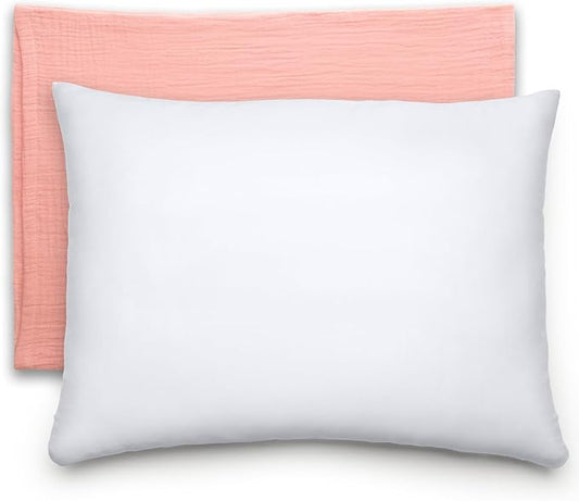 Comfy Cubs Toddler Pillow with Muslin Pillowcase, 13 x 18 in - Travel and Sleep Support for Kids - Lightweight, Breathable Microfiber Fill - Soft and Cozy Small Pillow for Toddlers - Blush