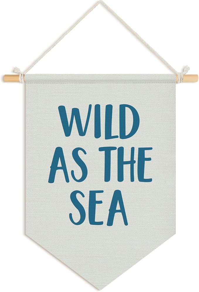 Wheatwin Ocean Nursery Decor, Wild As the Sea Blue Wall Hanging Pennant Flag Banner, Coastal Beach Wall Decor for Kids Boys Girls Toddler Nursery Room Bedroom Playroom 15x11 Inch