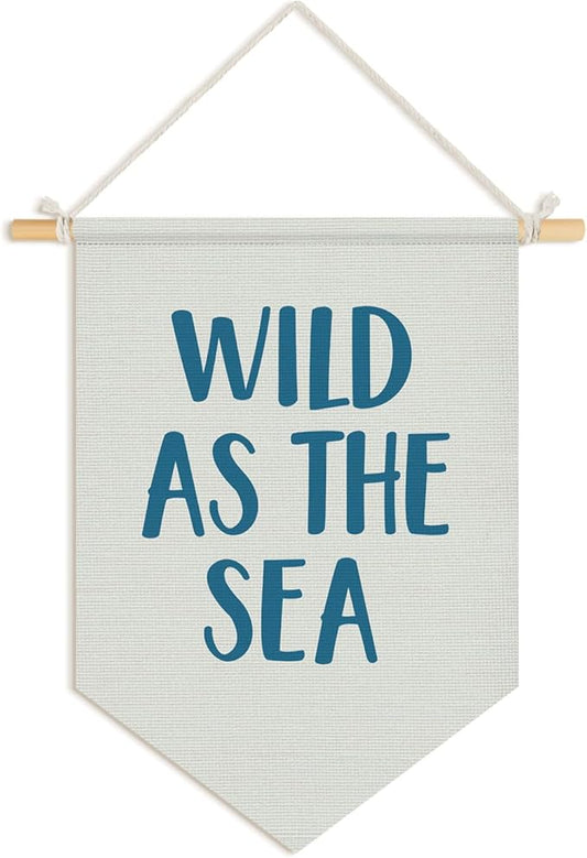 Wheatwin Ocean Nursery Decor, Wild As the Sea Blue Wall Hanging Pennant Flag Banner, Coastal Beach Wall Decor for Kids Boys Girls Toddler Nursery Room Bedroom Playroom 15x11 Inch