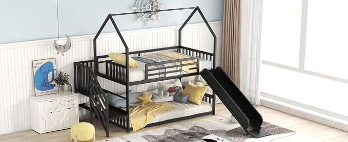 MERITLINE Metal Bunk Bed Twin Over Twin Bunk Bed Frame with Slide and Stairway,Twin Over House Bed with Guardrails