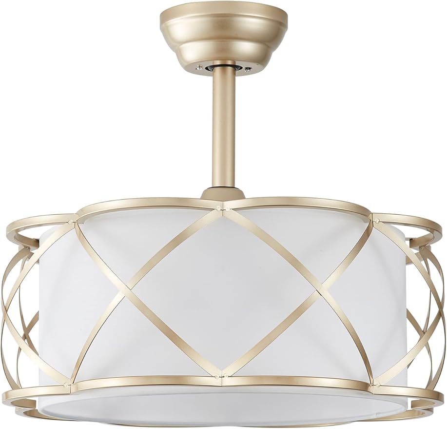 20" Gold Fandelier Ceiling Fan with Light, Fabric Boho Chandelier Ceiling Fans with Lights Remote Control, Mid-Century Modern Caged with 6 Speeds for Bedroom, Nursery