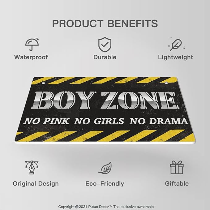 Putuo Decor Little Man Cave Sign, Kids Room Wall Decor, Toddler Boys, Baby, 10x5 Inches PVC Hanging Plaque Gift (No Pink, No Girls, No Drama Boys Zone)