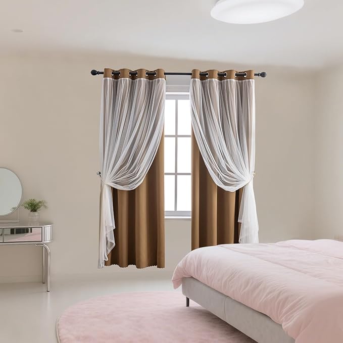 Anytime Home Curtains Blackout and Sheer Layered Solid Window Curtain Panel Pair with Grommet Top, 52Wx72L,Coffee