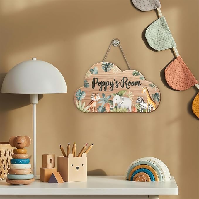 Custom Name Wooden Cloud Wall Art | Jungle Animal Door Sign for Nursery Decor, Bedroom Wall Hanging, Playroom Decoration