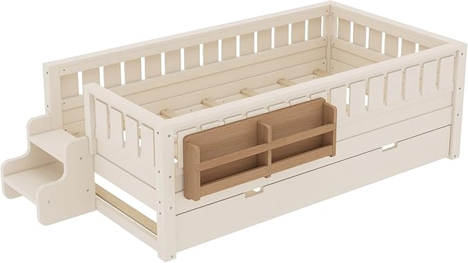 Bellemave Twin Bed with Trundle Twin and Stairs, Twin Size Platform Bed Frame with Fence and Bookshelf, Easy Assemble Beds for Kids, Girls, Boys, Beige