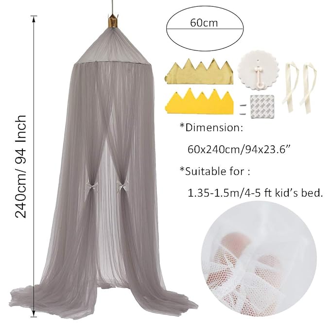 OldPAPA Bed Canopy for girls - Princess Bed Canopy Mosquito Net Nursery Play Room Decor Dome Premium Yarn Netting Curtains Baby Game Dream Castle, Grey