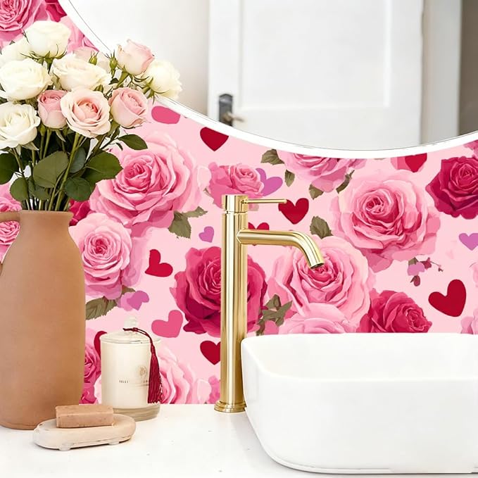 Rose Heart PVC Wallpaper Sticker 39.37x15.75 Inch Pink Flower Pattern Self Adhesive Decorative Wall Decal for Bedroom Living Room Valentine Home Decor