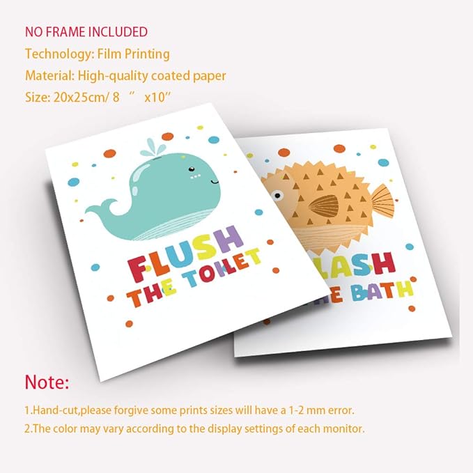 Funny Colorful Bathroom Ocean Life Quotes Art Print, Wash Splash Flush Brush Bathroom Canvas Wall Art Printing, Pufferfish Shark Whale Octopus For Kids Washroom Decor, Set of 4 8X10 inch, No Frame