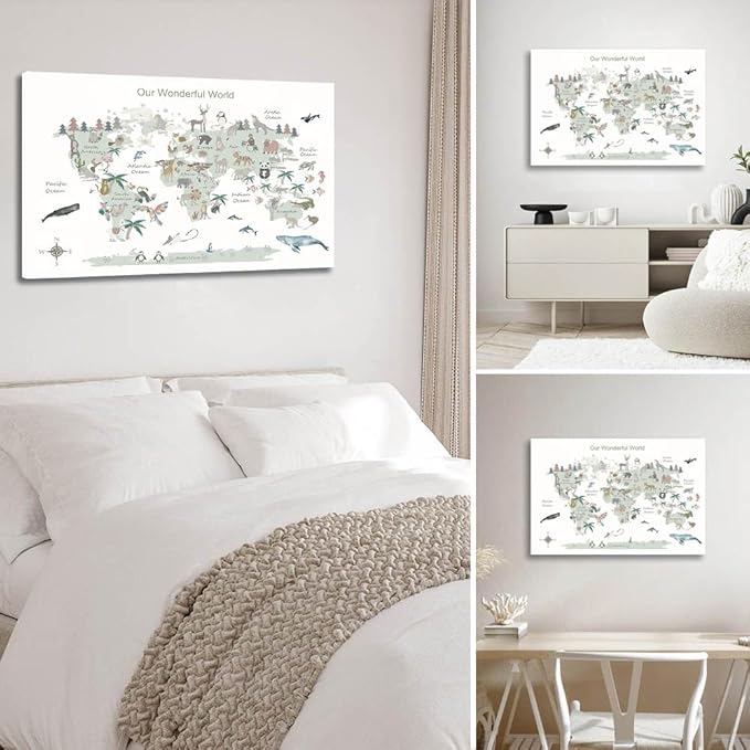 Educational Posters for Toddlers 1-3, Toddler Learning Poster for Kids Ages 3-5, World Map Canvas Print Nursery Preschool Homeschool Kindergarten Classroom Decor 12x18 Inch Framed C
