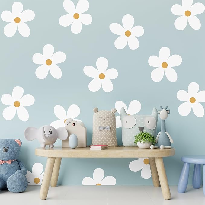 TaoBary 12 Sheets Daisy Wall Decal Flower Wall Sticker Cute Daisy Sticker Pink White Flower Decal Peel and Stick Floral Wallpaper for Nursery Bedroom Home Decor(White, Yellow,Charming Style)
