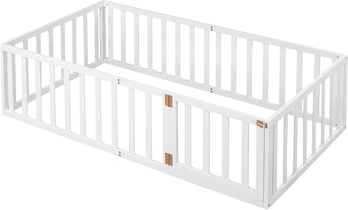Merax Twin Floor Bed with Safety Guardrails and Door, Wood Montessori Floor Bed Frame for Kids, Twin Playhouse Bed Frame for Baby Girls and Boys, White