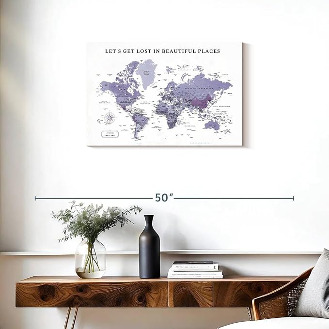 ElephantStock - Beautiful Places II Push Pin World Map Wall Art - Horizontal Canvas Wall Art - Living Room Wall Decor - Digital Art Map Canvas Art - White And Black Decor - 30" x 20"