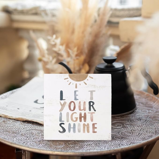 Boho Neutral Baby Nursery Decor - Let Your Light Shine Inspirational Christian Wood Sign, 5x5