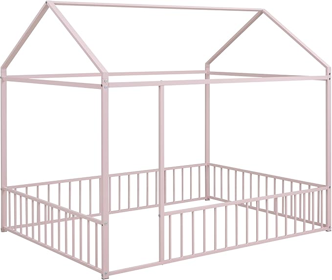 Bellemave Full Size Montessori Floor Bed, Metal House Bed Framefor Kids, Montessori Floor Beds with Fence, Playhouse for Kids, Pink