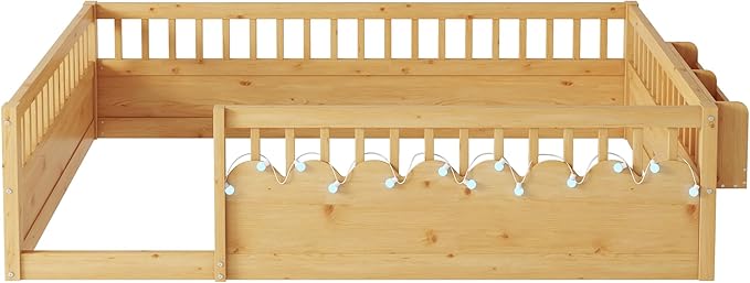 KEIKI Full Size Floor Bed w/Light & Storage, Wood Montessori Platform Bed Frame w/Safety Rails, Space Saving Kids Beds for Boys Girls Bedroom Playing Room, Easy Assembly Bedframe, Noise Free, Brown