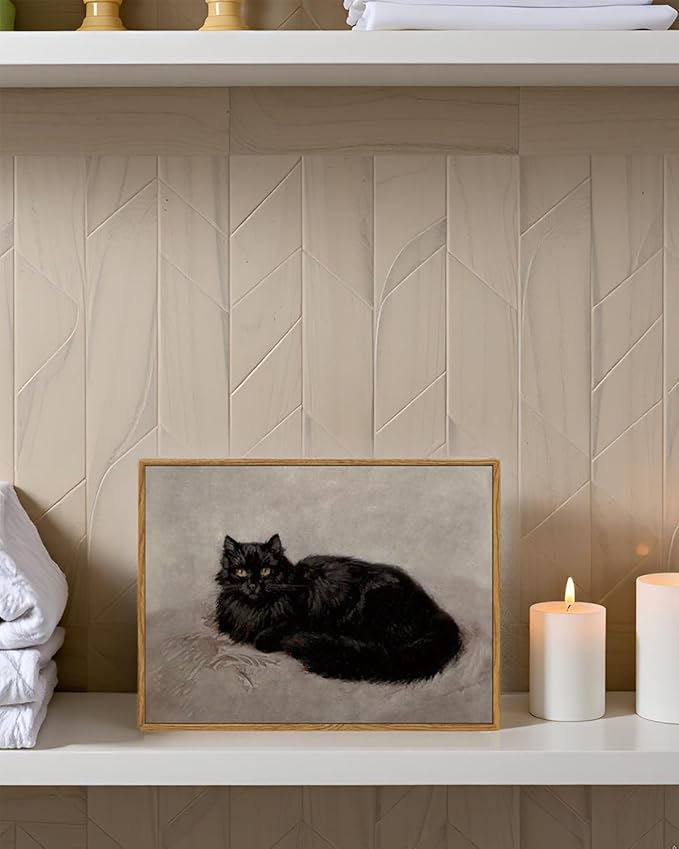 ARPEOTCY Vintage Framed Canvas Wall Art, 12x16inch, Black Cat Artworks, Modern Animal Oil Paintings Decor, Retro Classical Prints Hanging Wall Decor for Bathroom Living Room Bedroom Office