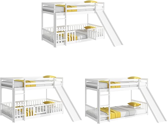 Twin Over Twin Bunk Bed with Slide and Ladder, Wood Floor Bunk Bed Frame with Door and Safety Guardrails for Kids Teens Boys Girls, No Box Spring Needed